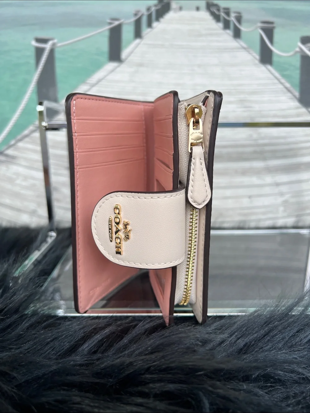 Coach Beige Pink Floral Small Wallet with White Snap